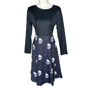 Unique Vintage Black Halloween Skull Bats Purple Swing Dress L NWT
